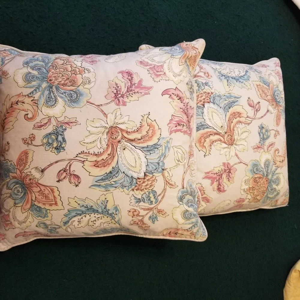 Set of 2 Vintage Floral Throw Pillows Peach Blue Botanical Jacquard Accent 16x16